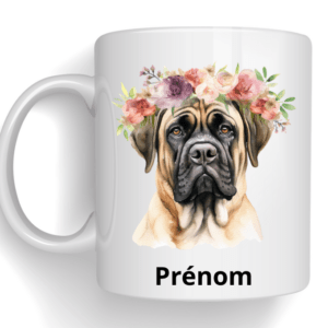 Mug dessin d'un chien avec fleurs + prénom