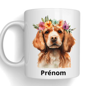 Mug dessin d'un chien avec fleurs + prénom