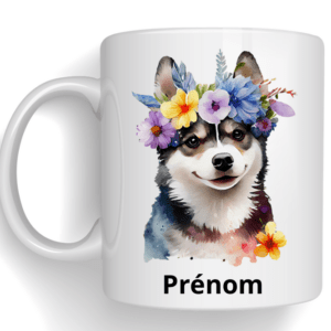 Mug dessin d'un chien avec fleurs + prénom