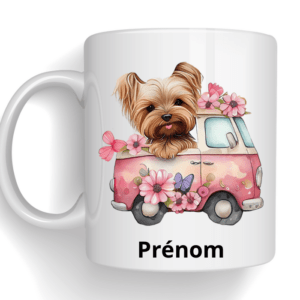 Mug dessin d'un chien avec fleurs + prénom
