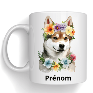 Mug dessin d'un chien avec fleurs + prénom