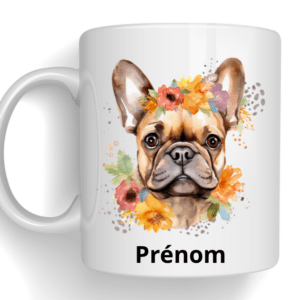 Mug dessin d'un chien avec fleurs + prénom
