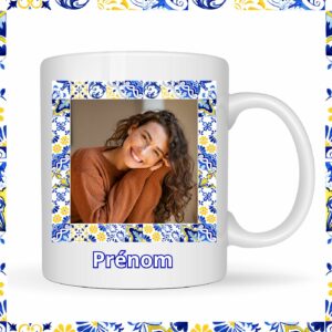 Mug avec photo dans un cadre azulejos portugais + Prénom